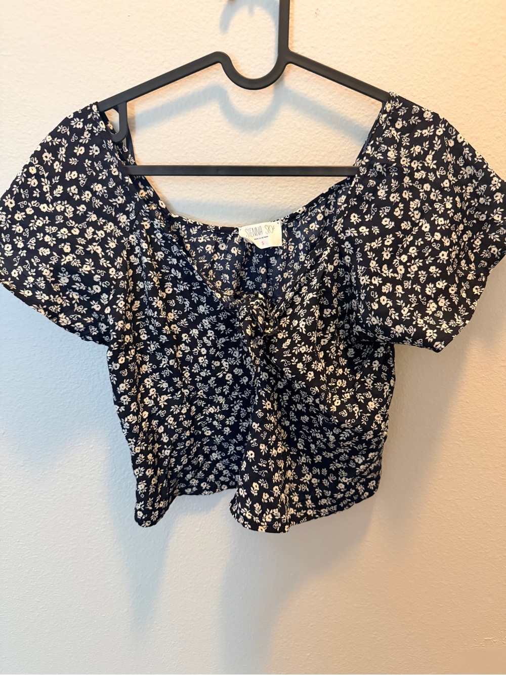 Sienna Sky Navy White Floral Tie-Front Crop Top